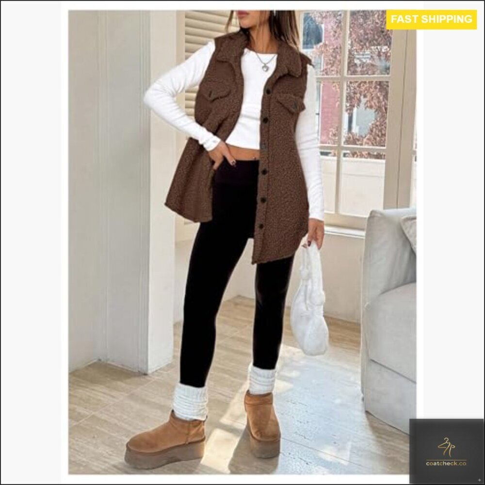Teddy Fleece Vest Sleeveless Button Down Coat Chic Fall Winter Outerwear - Picture 5 of 5